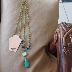 David Aubrey Stones Statement Necklace, Turquoise/green/gold, 17" Drop